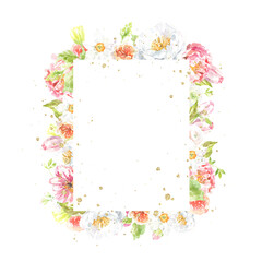 Watercolor Easter floral frame illustration. Botanical spring flower frame, gold glitter wreath,chaplet, peony,rose, cute Easter bunny animal clipart, baby shower, happy birthday invite,border, banner