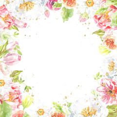 Watercolor Easter flower frame illustration. Botanical spring floral drop, gold glitter banner,border, peony,rose, cute Easter bunny animal clipart, baby shower, happy birthday invite,border, banner