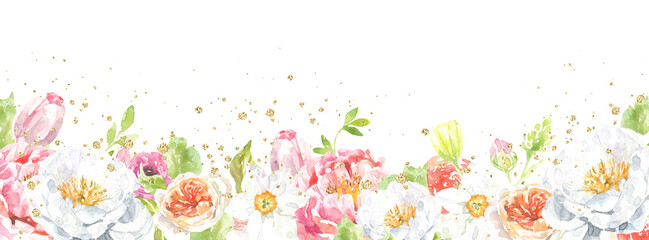 Watercolor Easter flower frame illustration. Botanical spring floral drop, gold glitter banner,border, peony,rose, cute Easter bunny animal clipart, baby shower, happy birthday invite,border, banner