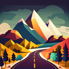 Bright mountain scenery. Beautiful colorful pattern. Road in mountains, journey awaits us..