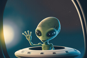 Cute Alien in space ship waving hand. Generative AI illustration