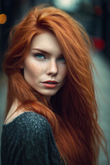 Fototapeta premium Young Redhead with freckles portrait. Generative AI illustration