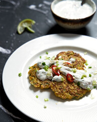 Pancakes with corn and yogurt sauce with lime and chili. 