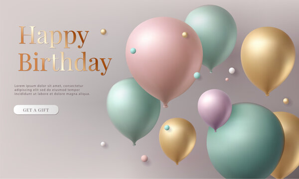 3d balloon celebration background, anniversary birthday party vector render decoration.
