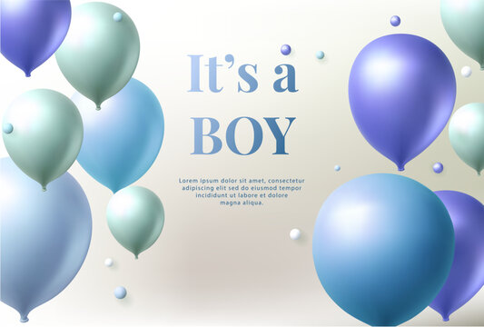 3d balloon celebration background, baby shower boy anniversary birthday party vector render decoration.
