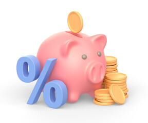 Realistic 3d icon of piggy bank, golden coins and percent sign