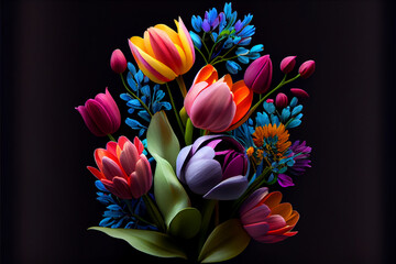 Obraz na płótnie Canvas bouquet of bright spring flowers on dark background , AI Generated