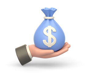 Realistic 3d icon of hand holding money bag with dollar sign - 576408180