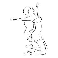 Silhouette of a sweet lady. The girl is happy, jumping for joy, raised her hands. The woman is nude and slim. Vector illustration.