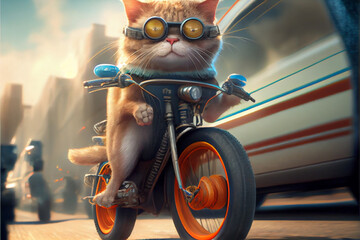 The cat rides a bicycle along the city road. AI generated.