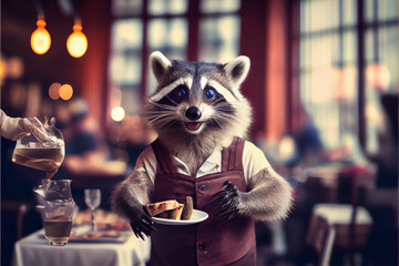 Fototapeta premium Raccoon waiter. A funny raccoon dressed as a waiter stands against the backdrop of the interior of the restaurant.