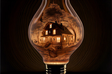 A magical wooden house with luminous windows in a glass flask or jar. Amazing rural landscape.