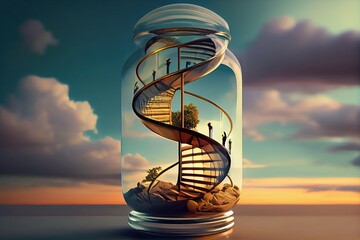 Glass ceiling concept with stairs going up in a glass cube blocked by the top, generative AI