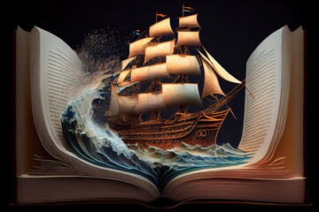 adventure and travel literature concept with a ship sailing on top of an open book, generative AI
