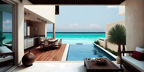 Fototapeta premium Luxury penthouse terrace with a swimming pool overlooking the beach, generative AI