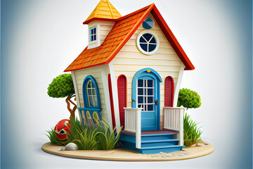 Small cartoon summer house with palm trees, on a white background. AI generated.