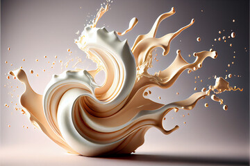 Splash of liquid cream or milk. Splashes of emulsion on a colored background. AI generated. - obrazy, fototapety, plakaty