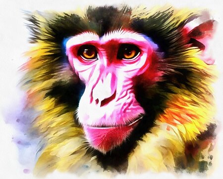 Illustration of monkey in watercolor painting style on paper canvas,  generative AI