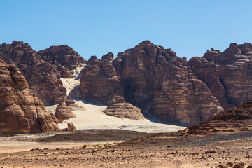 Sinai mountains, beautiful landscape of the mountains, orange sand of Sinai desert. South Sinai, Sinai peninsula, Egypt