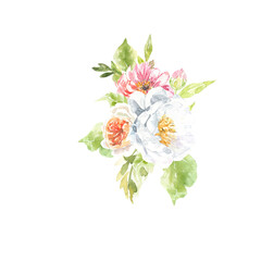 Watercolor Easter floral bouquet illustration, spring flower composition clipart arrangement. Botanical spring flower frame, peony,rose,baby shower, happy birthday invite,border, banner, wallpaper