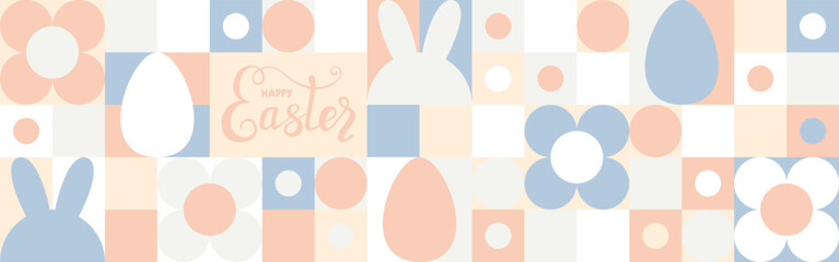 Cover templates for spring holiday Easter with seamless texture. Mosaic with geometric shapes in the style of a Scandinavian pattern, colorful trendy background with eggs and hares.
