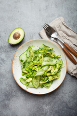 Healthy vegan green avocado salad bowl with sliced cucumbers, edamame beans, olive oil and herbs on ceramic plate top view on grey stone rustic table background