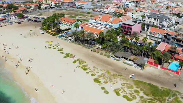 Aerial view of Santa Maria, Sal Island, Cape Verde (Cabo Verde). Drone footage.