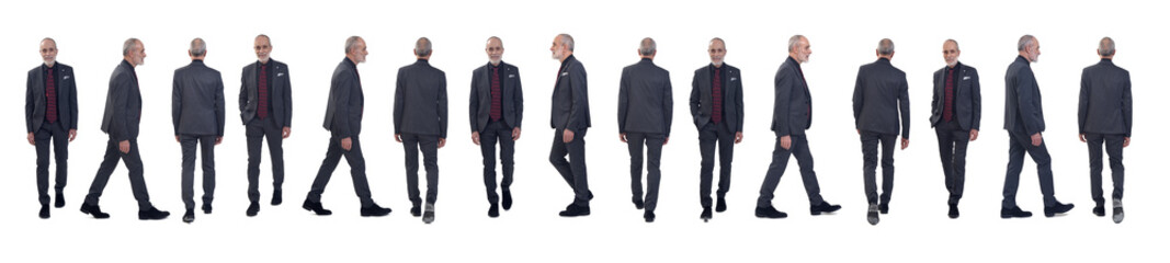 front, back and side view of same man with suit and tie walking on white background - Powered by Adobe