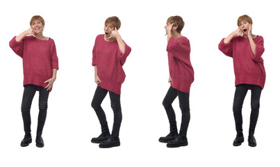 Fototapeta premium front and side view of a group of same woman making phone gesture and open mouth white background