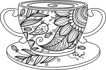 Vector cup with saucer. Black contour for coloring.