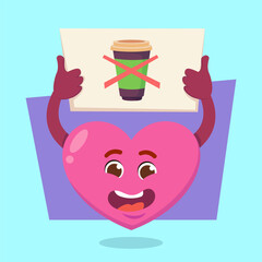 Heart with no coffee banner vector illustration. Pink cartoon organ character protesting against caffeine on blue background. Refusal of coffee, harm of caffeine, healthcare concept