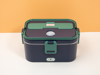 Heated lunch box for carrying and storing food. Lunch box close up.