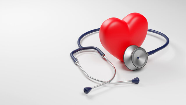 Red heart and a stethoscope on desk, 3D rendering