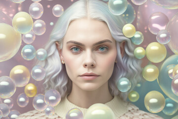 Portrait of a young beautiful woman with white hair and bubbles AI generated art