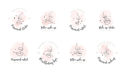 Permanent studio logo. Big collection. Lip makeup procedure. Tattoo salon. Linear female lips with pink watercolor splash. Abstract minimalistic woman portrait. Modern vector illustration.