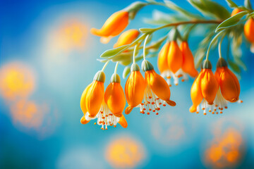 Obraz na płótnie Canvas Small, pure orange bell flowers light up the morning dew. A spring image vibrant with imagination and character, against a background of blue sky. Generative AI
