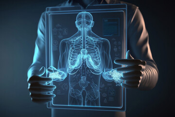 Medical Data Analysis: Doctor's Hands Holding Holographic Human Body Projection, Generative AI
