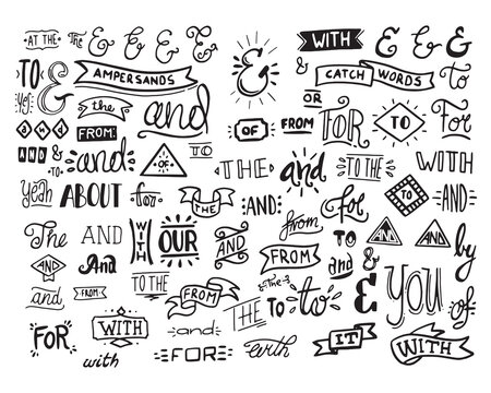 Collection of hand lettered ampersands and catchwords isolated. Great vector design set for wedding invitations, save the date cards and other stationary type of design