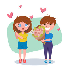 Boyfriend giving bouquet to happy girlfriend vector illustration. Cartoon drawing of smiling boy giving flowers or present to girl on white background. Women day, love, celebration, spring concept