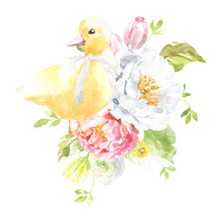 Watercolor Easter animal cute bunny, duck bouquet illustration, spring flower composition clipart arrangement. Botanical spring flower frame,  peony,rose,baby shower, happy birthday invite,border diy