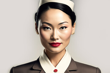 Portrait of asian stewardess looking at camera. Generative AI illustration.
