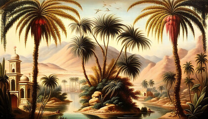Fototapeta na wymiar Wallpaper of a desert oasis with river, valleys, desert birds and palm trees. Antique generative ai drawing. 