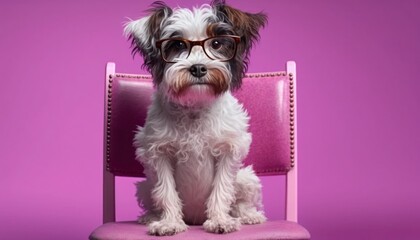 Dog wearing glasses sitting on a chair, pink background, generative ai