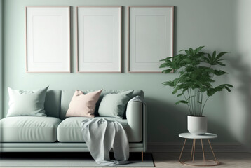 Three frame blank mock up in modern living room interior, light colors and minimalist style. Illustration. Generative AI
