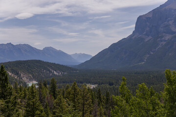 Fototapeta premium Natural landscape - Bow River Valley, Rocky Mountains, coniferous forest and beautiful sky with clouds. Summer tourism in the mountains