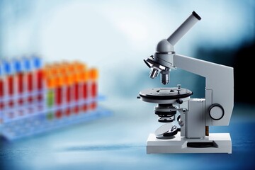 Modern microbiology microscope on table in laboratory,
