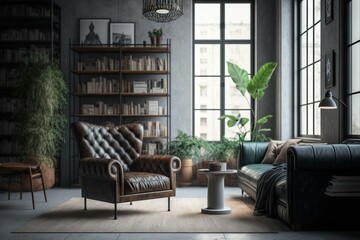 Bright and cozy loft industrial styled living room with armchair and bookshelf