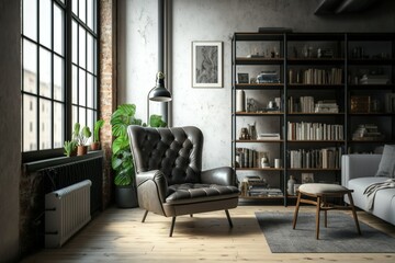 Bright and cozy loft industrial styled living room with armchair and bookshelf
