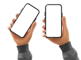 Smartphone with a blank screen in cartoon style hands - transparent background and screen