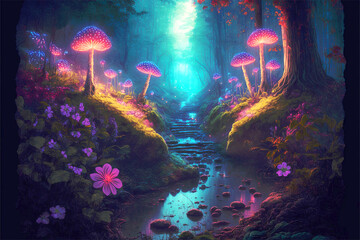 Fairy Lands, magical forest, fungus , enchanting forest, fairy tale, dark forest, magic forest, genrative ai 